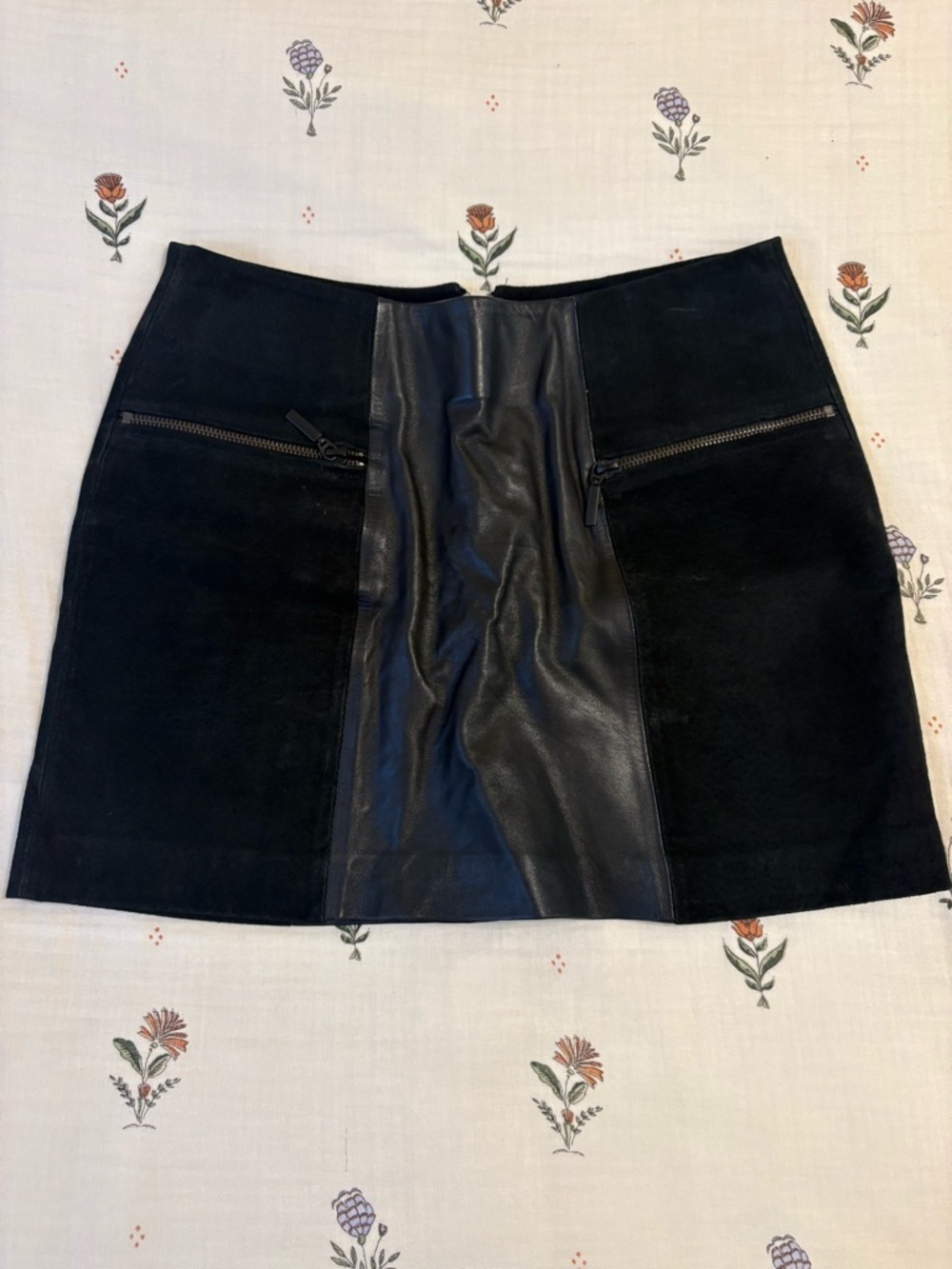 Black Faux Leather & Suede Mini Skirt with Zip Pockets